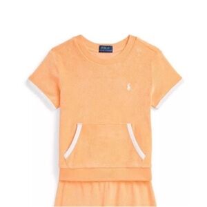 Ralph Lauren Girls Peach Orange Terry Short Sleeve Hoodie Top